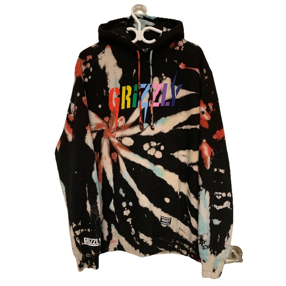 Grizzly Griptape Rainbow Logo Spiral Tie-Dye Hoodie L Acid Wash Skate Streetwear